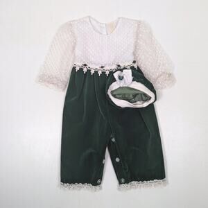 Vintage Outfit Girls Size 24m Green Velvet Christmas Lace Romper Beret